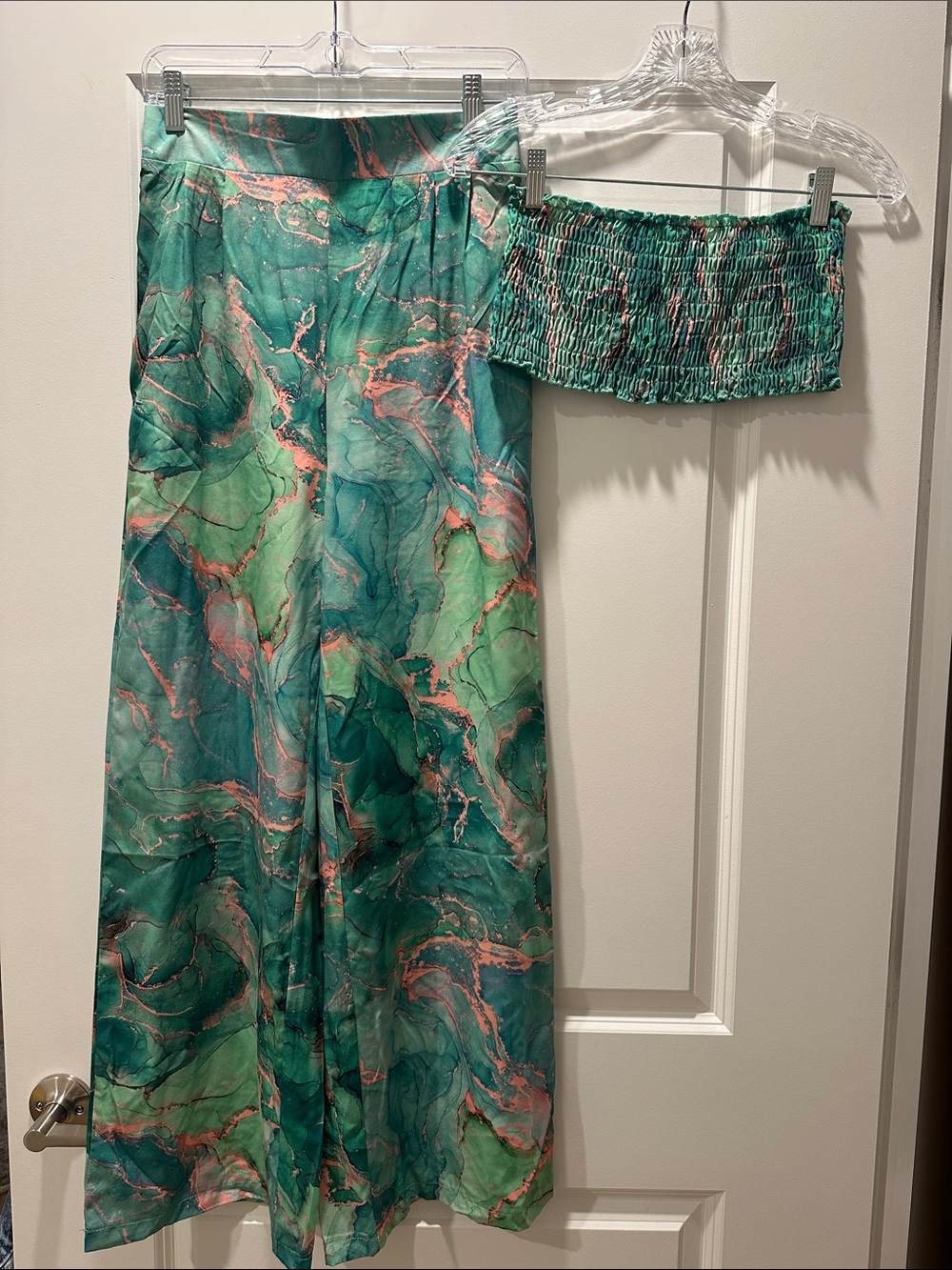 Green Pink Marble Print Pants with Matching Smocked Tube Top